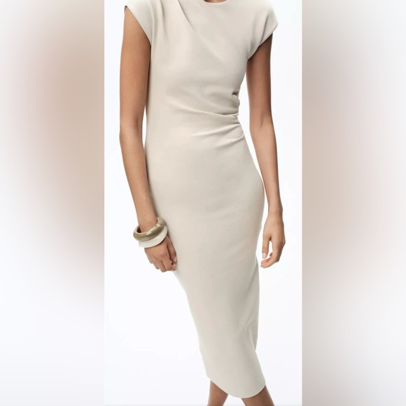 BNWOT Zara Cream MIDI DRESS WITH SIDE DRAPE size L - Picture 2 of 6